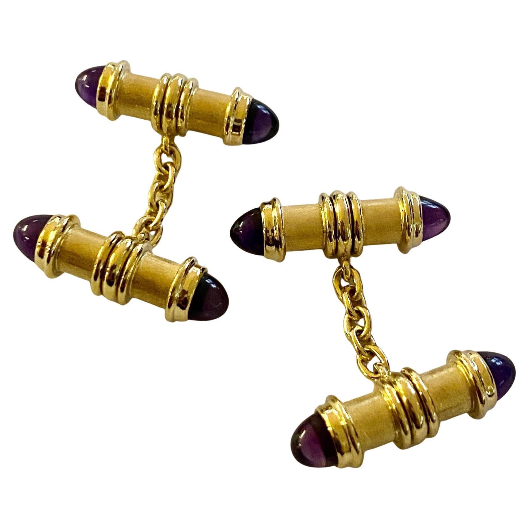 18K, Yellow Gold Cufflinks, Amethyst Stones, Italy ca 1975 For Sale