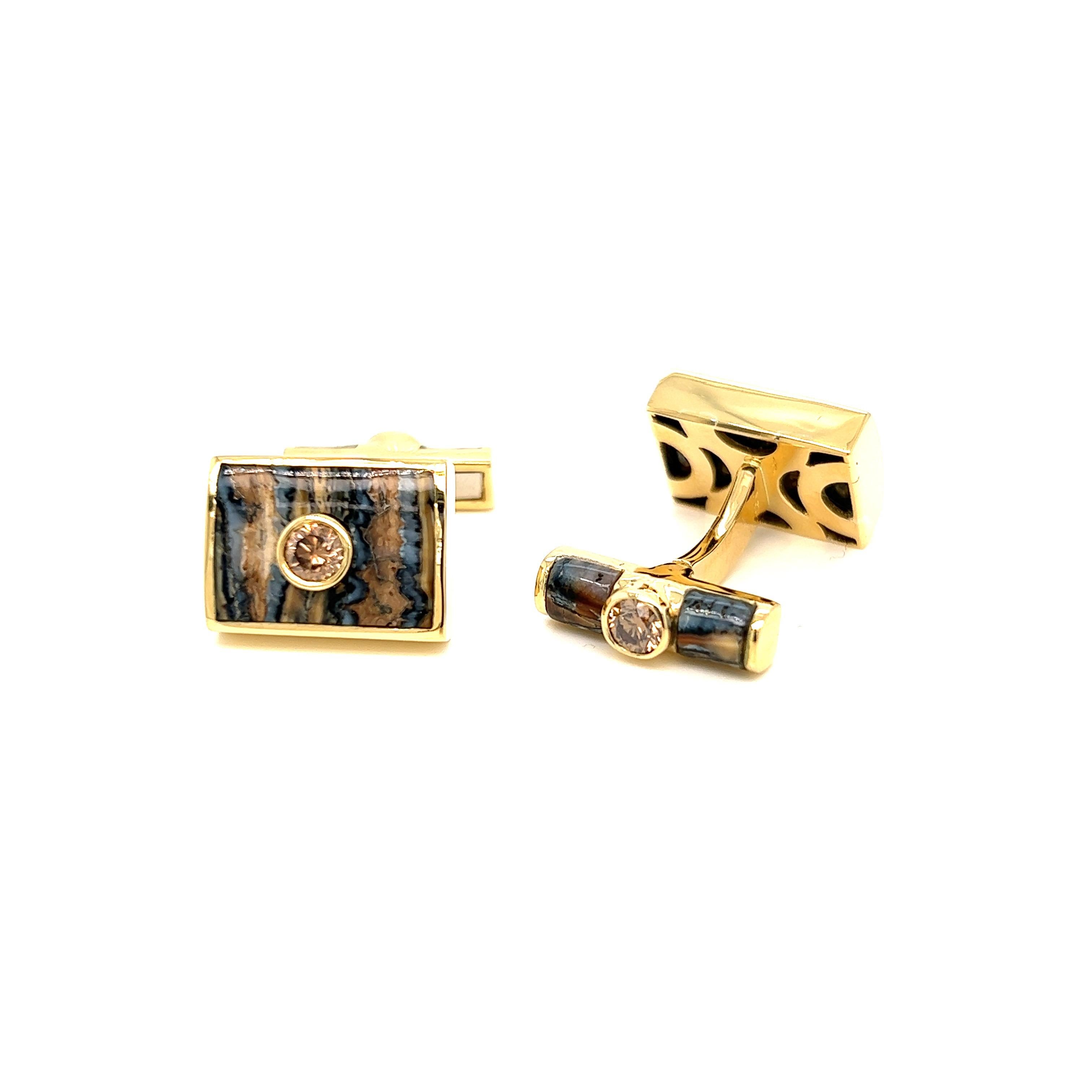Round Cut 18k Yellow Gold Cufflinks Fossilized Mammoth Tooth 1.07tct Bronze Diamonds For Sale