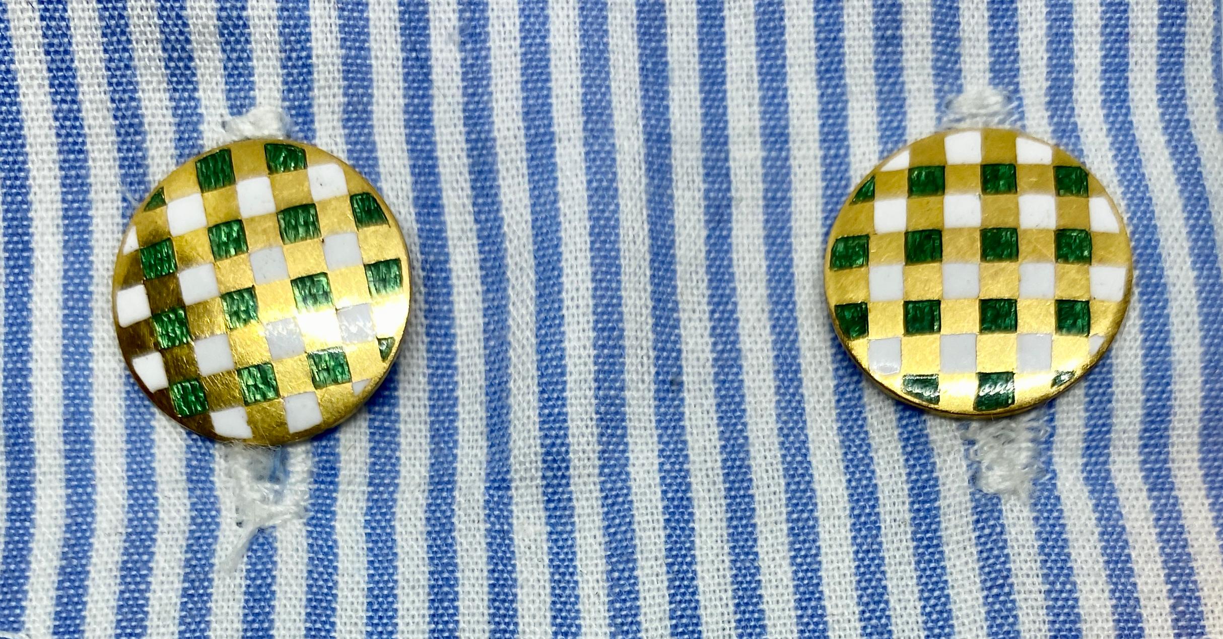 Women's or Men's 18 Karat Yellow Gold Cufflinks with Checkered Green and White Enamel For Sale