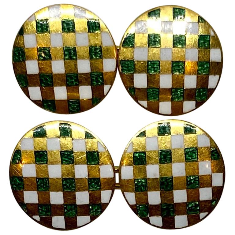 Boutons de manchette en or jaune 18 carats avec émail vert et blanc à carreaux