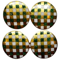 18 Karat Yellow Gold Cufflinks with Checkered Green and White Enamel