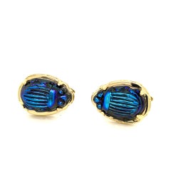 18k Yellow Gold Cufflinks with Vintage Tiffany Favrile Cobalt Blue Glass Scarabs