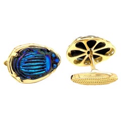 18k Yellow Gold Cufflinks with Vintage Tiffany Favrile Cobalt Blue Glass Scarabs