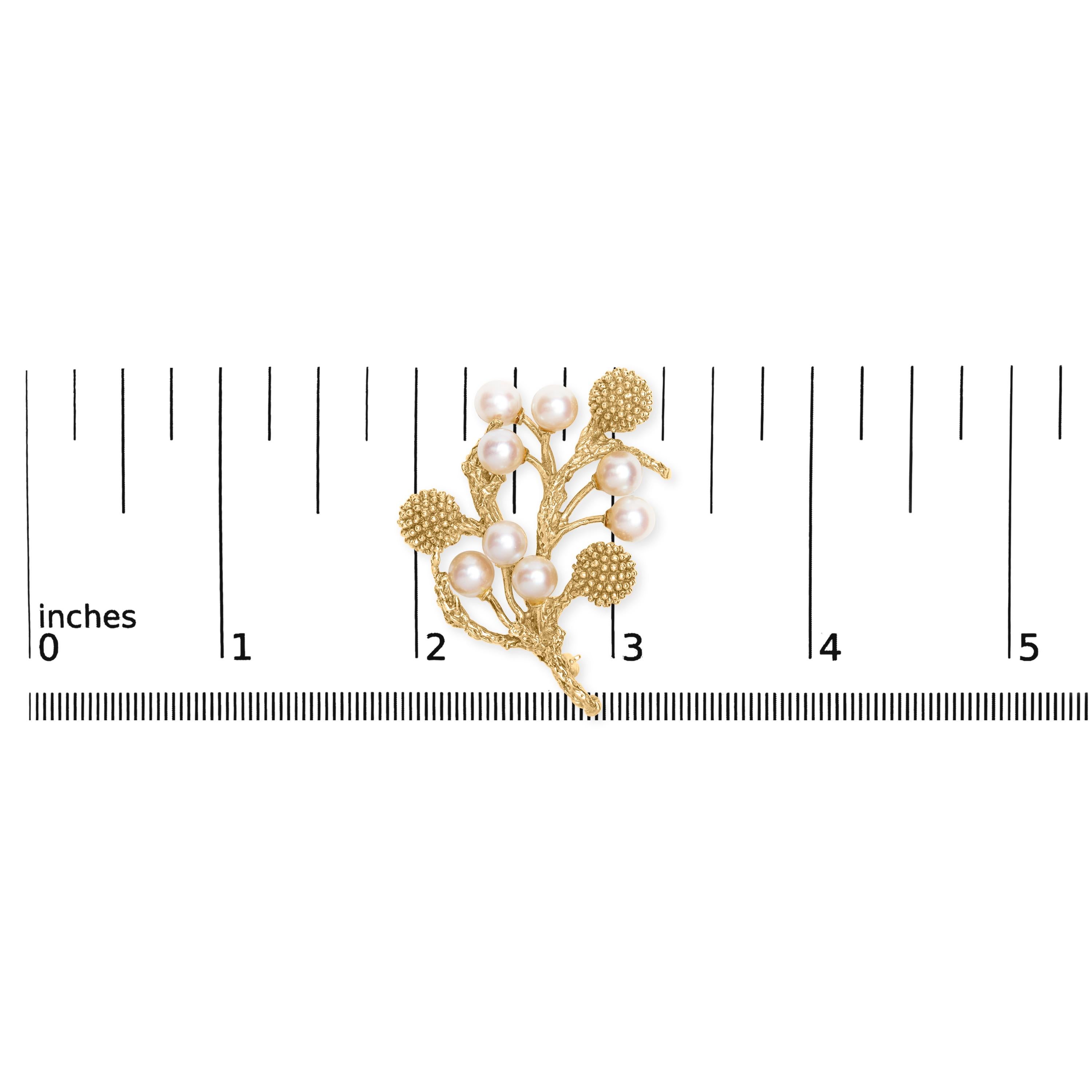 Round Cut 18K Yellow Gold Cultured Akoya Pearl Tree Branch Brooch Pin with Hammered Polish For Sale