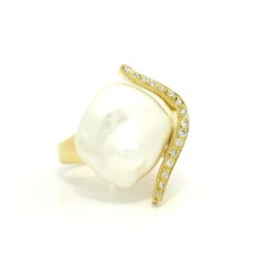 18k Yellow Gold Cultured Button Pearl Diamond Accent Flexible Geometric Ring