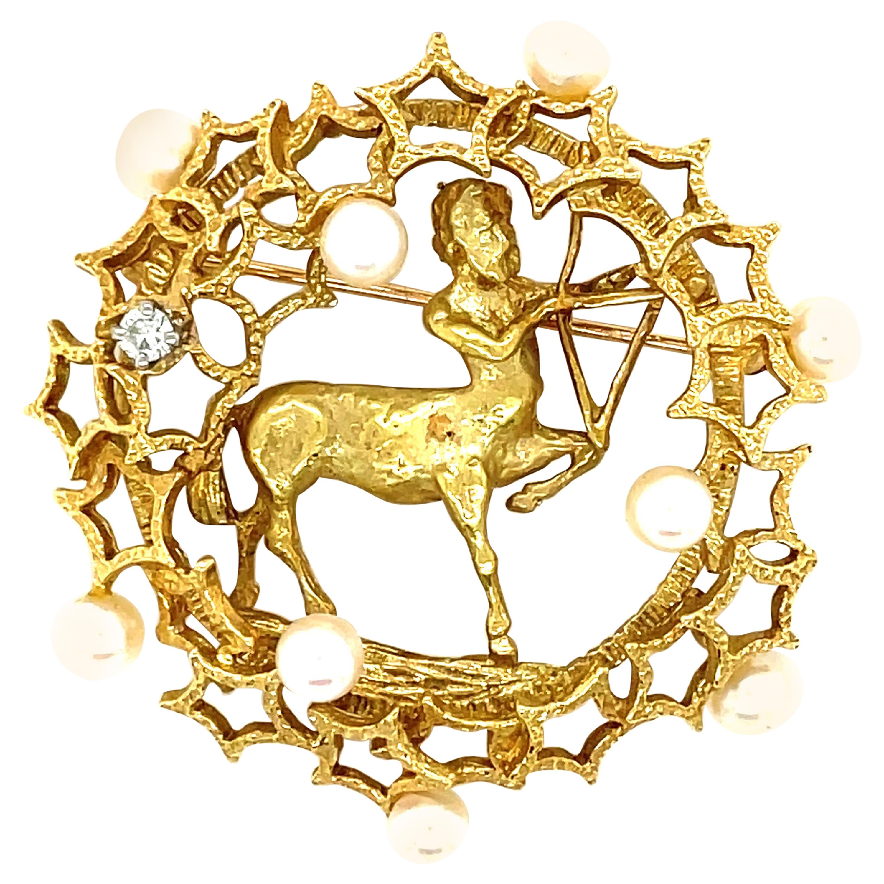 18K Yellow Gold Cultured Pearl and Diamond Sagittarius Brooch For Sale