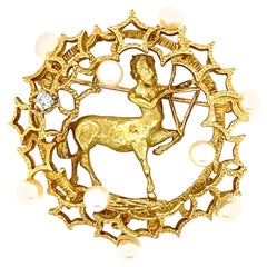 Vintage 18K Yellow Gold Cultured Pearl and Diamond Sagittarius Brooch