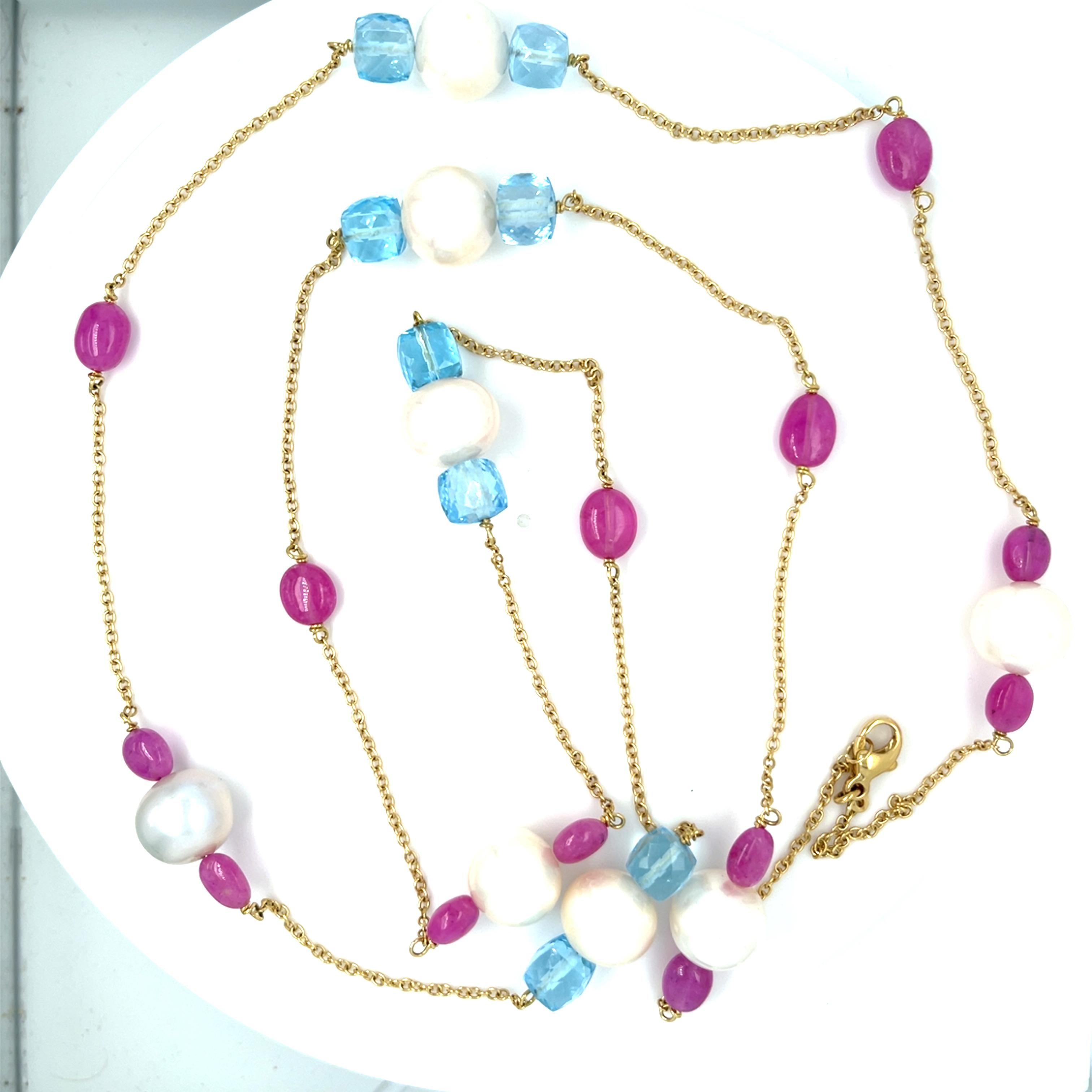 Collana con fili di perle coltivate e pietre multiple in oro giallo 18k 40