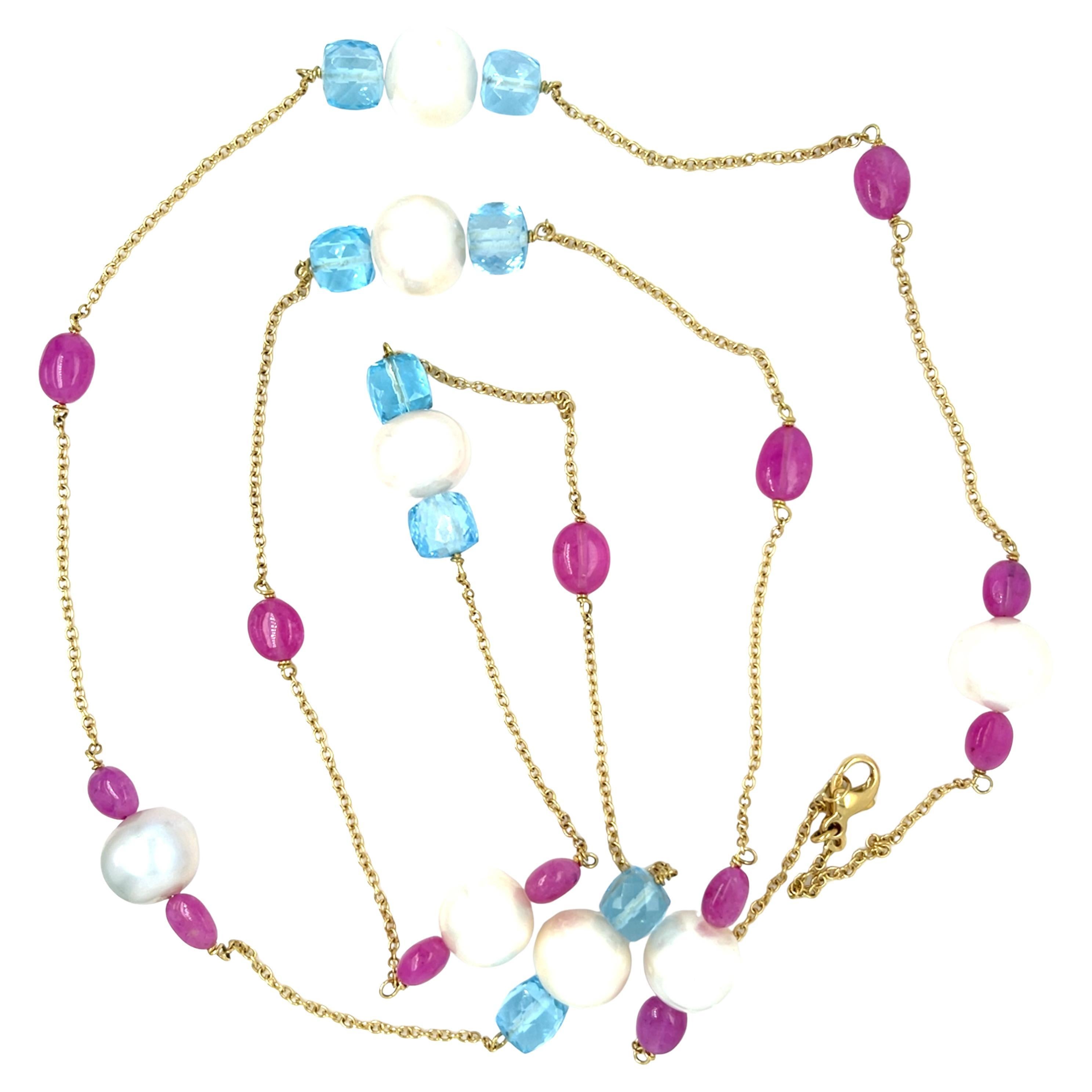 Collana con fili di perle coltivate e pietre multiple in oro giallo 18k 40" 51,3g