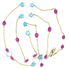 Collana con fili di perle coltivate e pietre multiple in oro giallo 18k 40" 51,3g