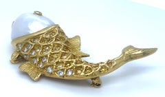18k Yellow Gold Cultured Pearl Fish Brooch w/ Yellow and White Diamond Accents