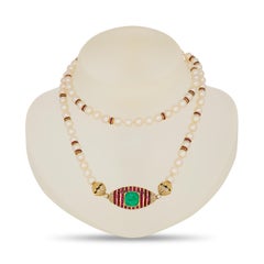 18K Yellow Gold Cultured Pearl Necklace with Emerald, Ruby and Diamond Enhancers