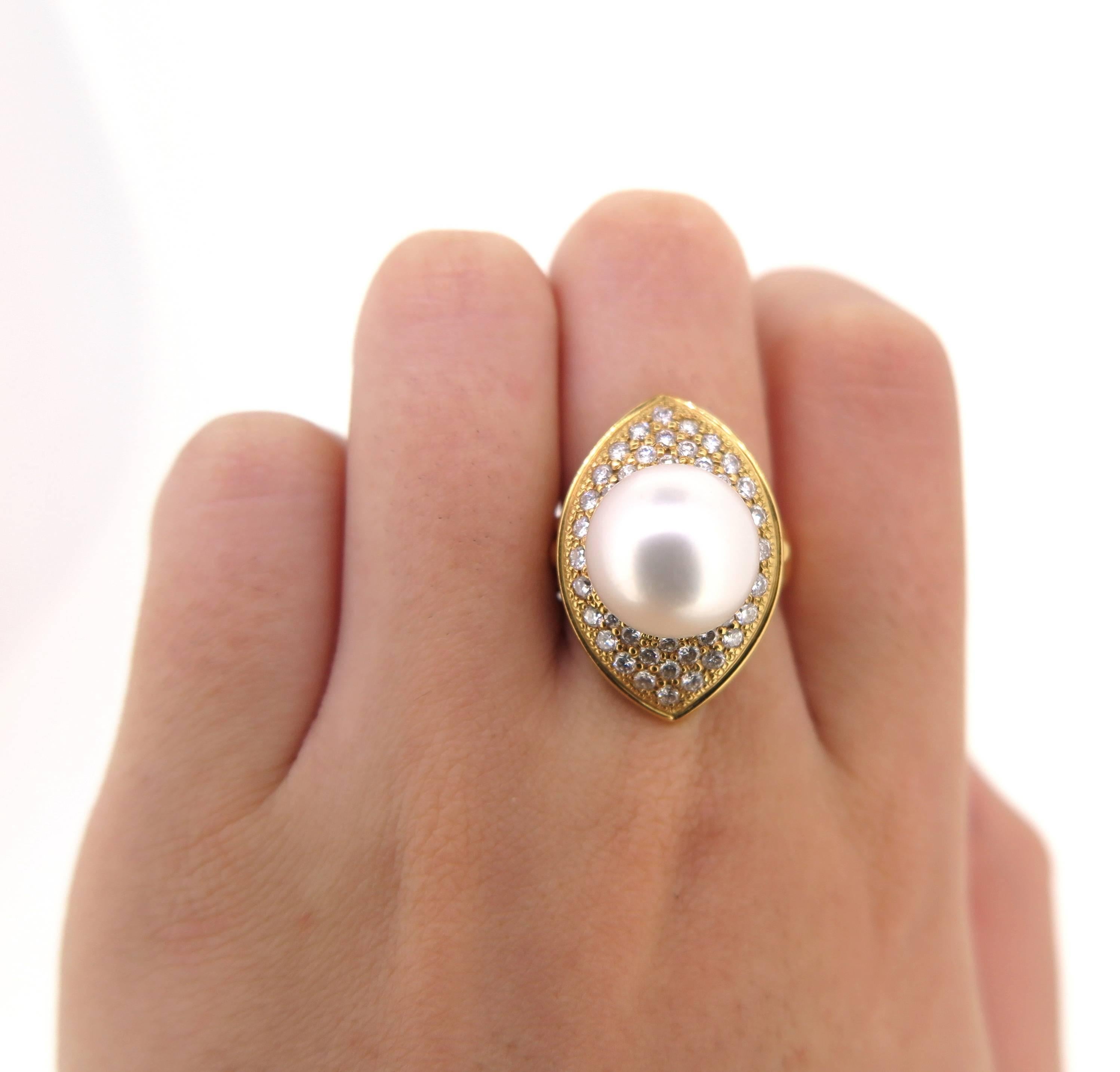 Modern 18 Karat Yellow Gold Cultured South Sea Pearl and Diamond Dress Ring For Sale