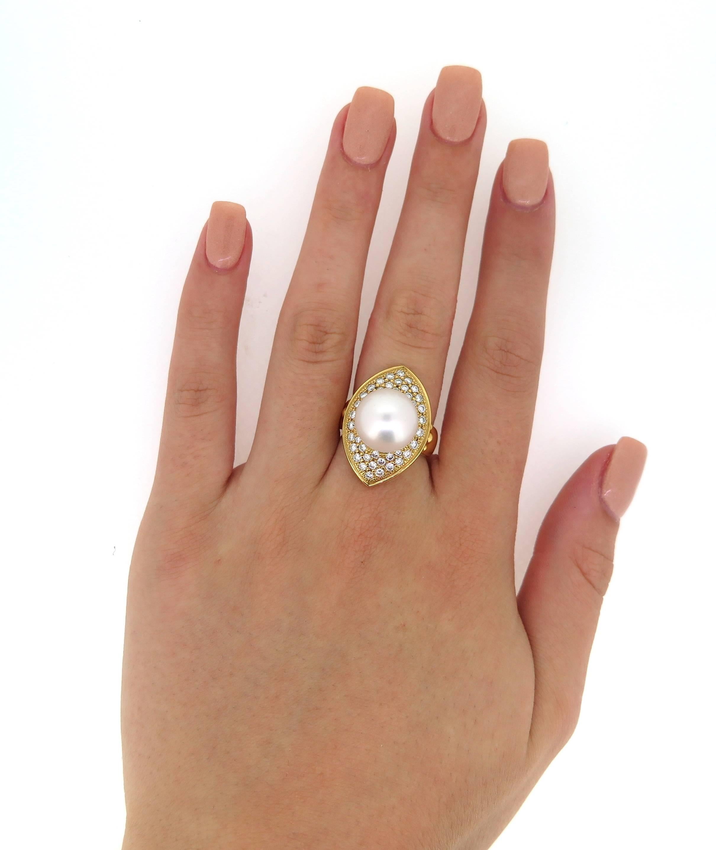 Round Cut 18 Karat Yellow Gold Cultured South Sea Pearl and Diamond Dress Ring For Sale