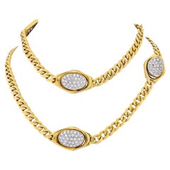 18K Yellow Gold Curb Link Diamond Stations Estate Chain Necklace