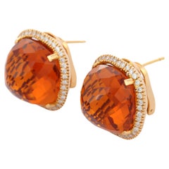 18K Yellow Gold 41 Ct Citrine Mounted with Diamonds Stud Earrings