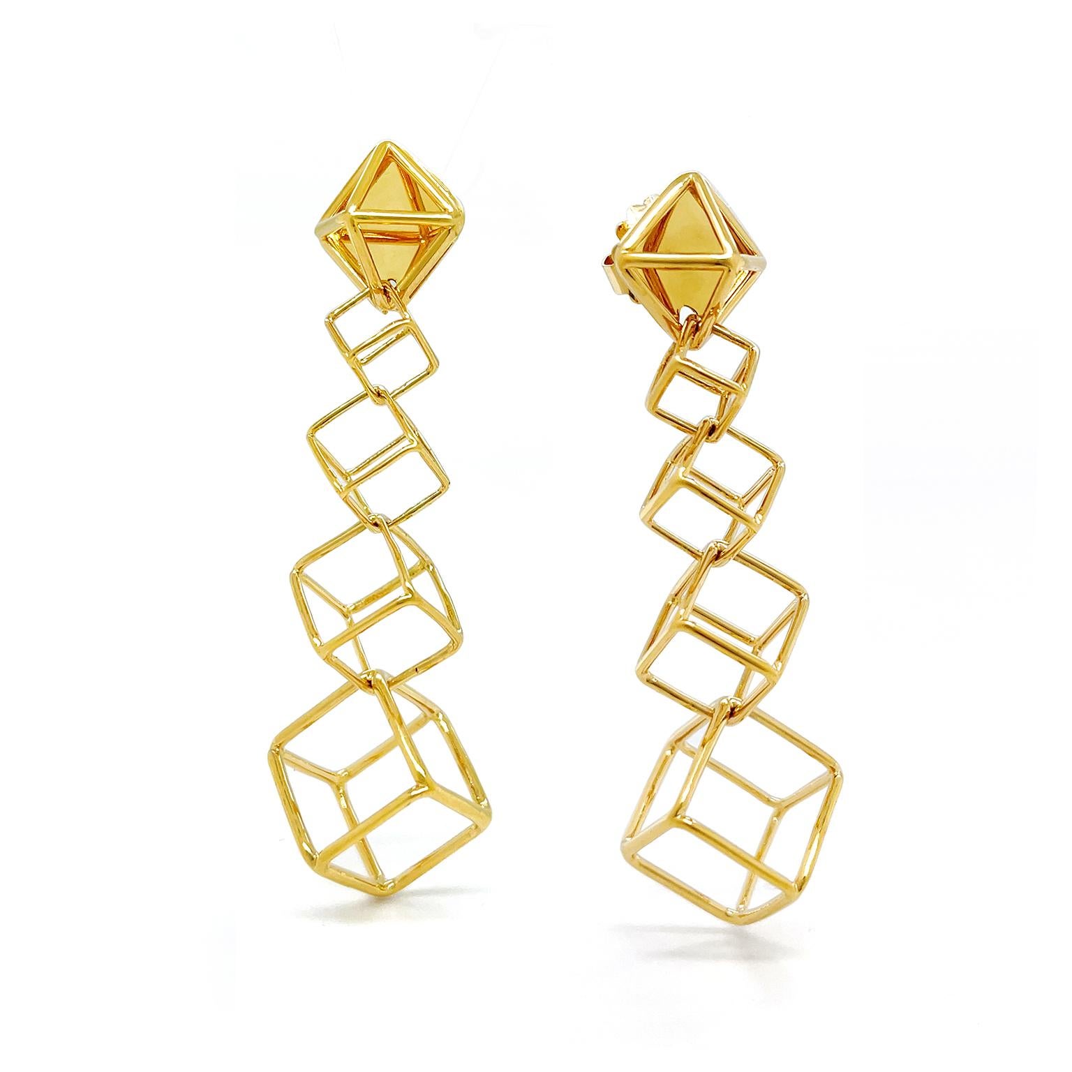 Women's or Men's 18K Yellow Gold Cushion Cube Drop Earrings For Sale