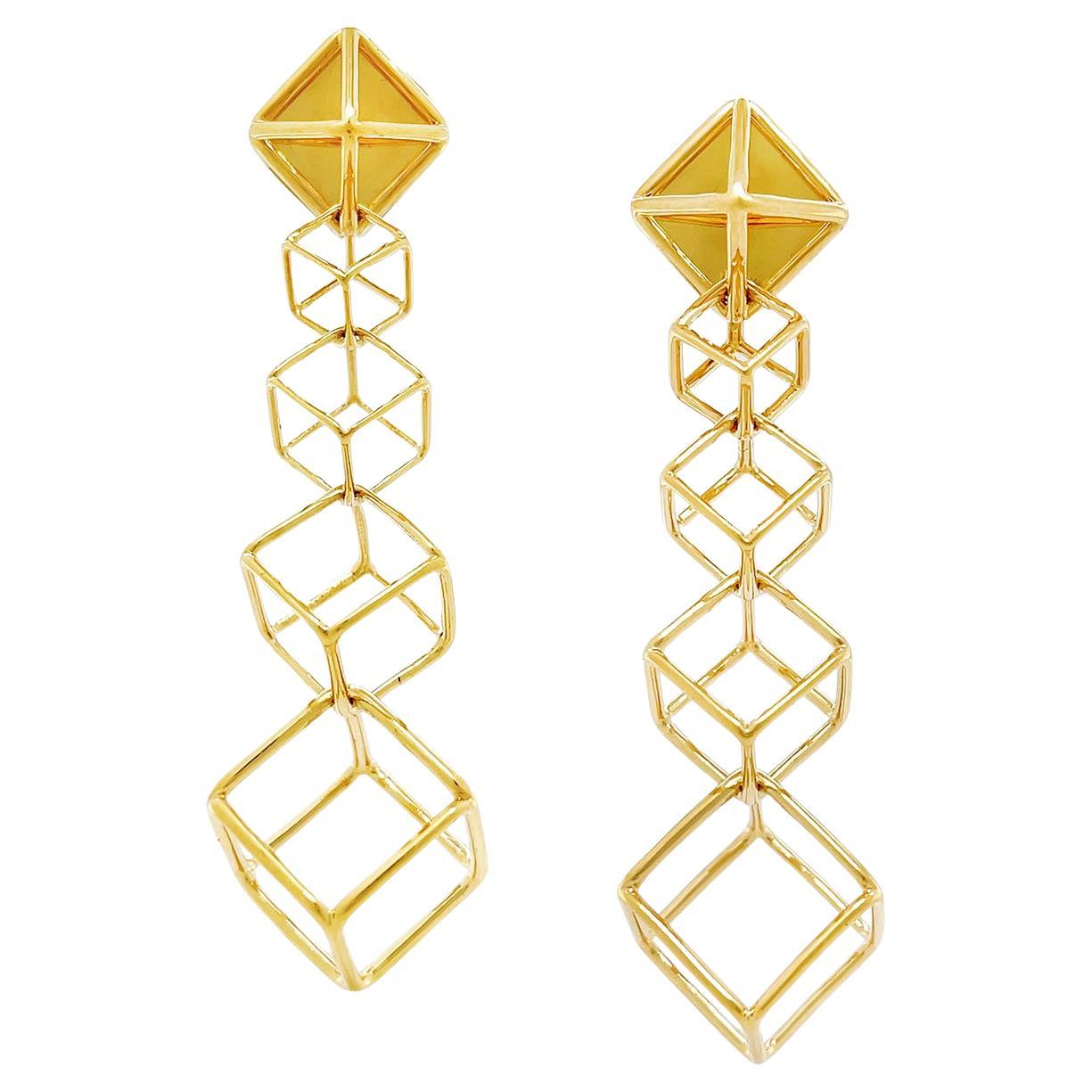 18K Yellow Gold Cushion Cube Drop Earrings
