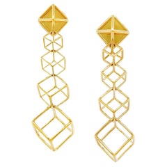 18K Yellow Gold Cushion Cube Drop Earrings