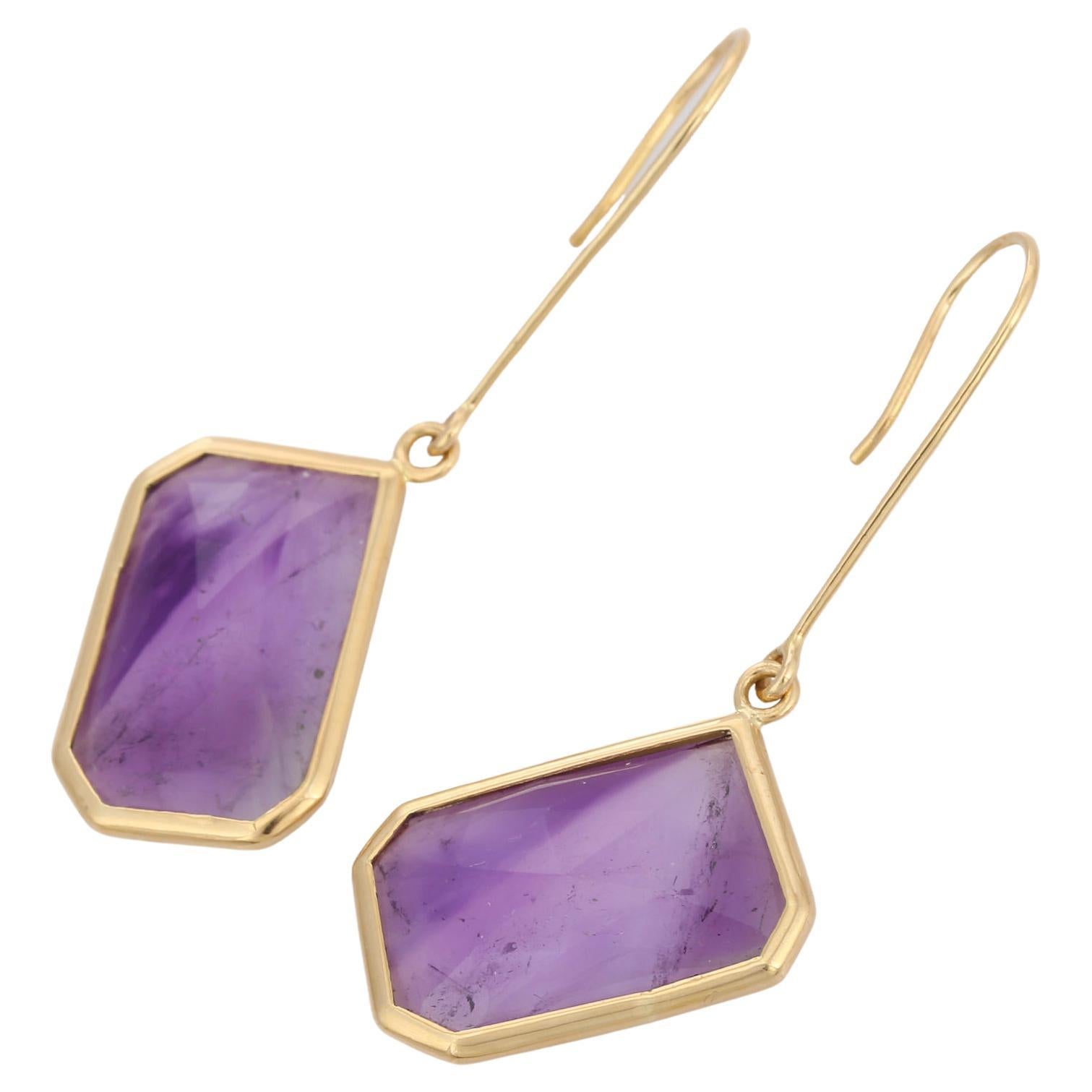 18K Yellow Gold Octagon Cut Amethyst Dangle Earrings For Sale