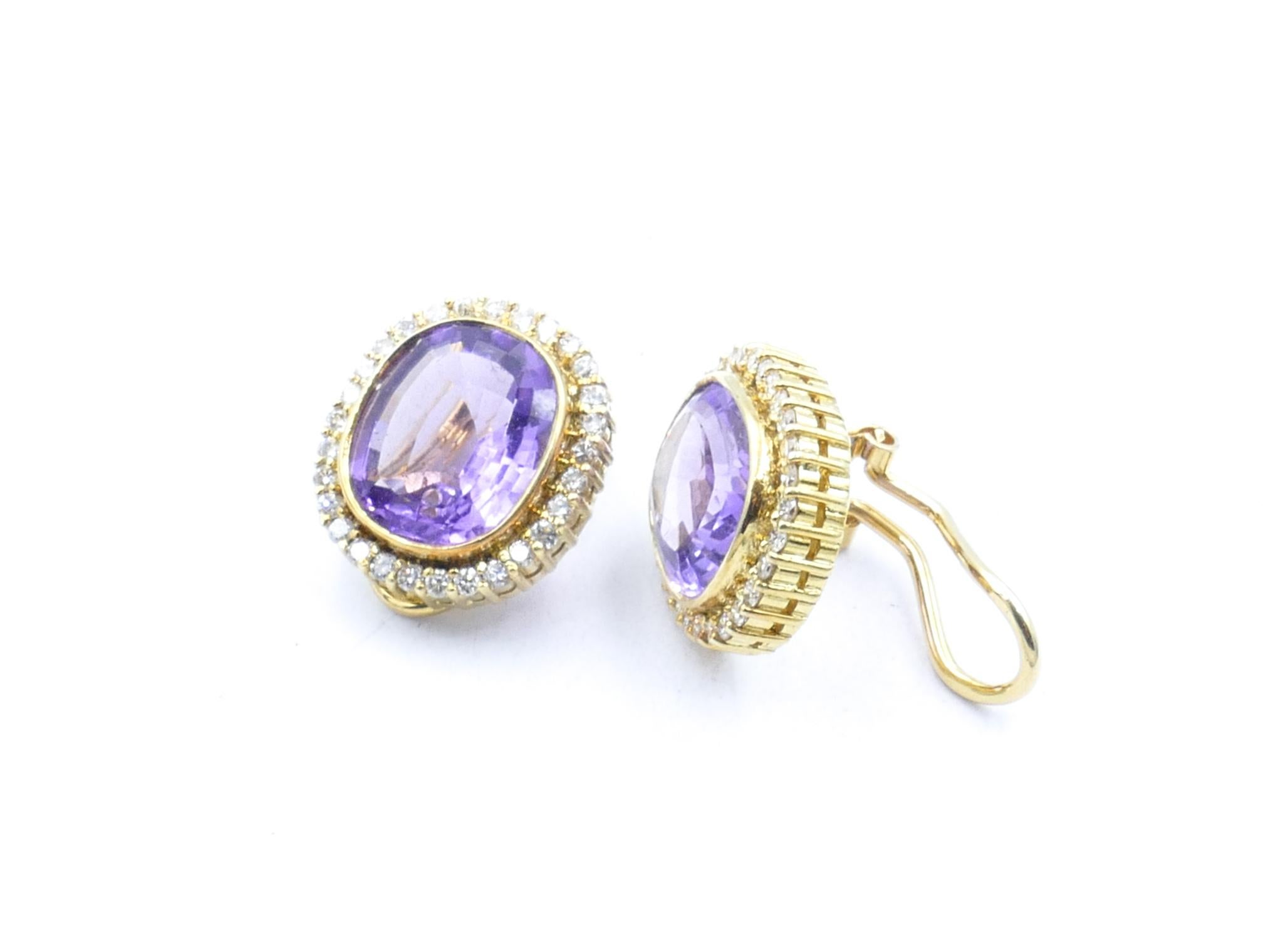 Art Deco 18k Yellow Gold Cushion Cut Amethyst & Diamond Clip on Earrings For Sale