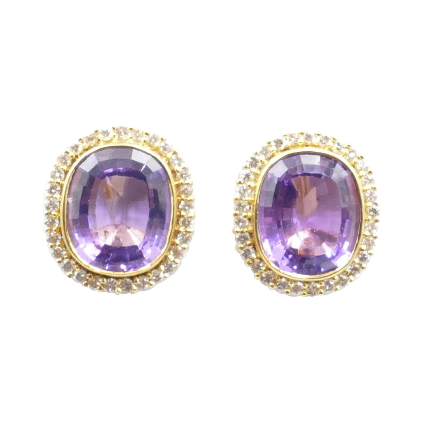 18k Yellow Gold Cushion Cut Amethyst & Diamond Clip on Earrings For Sale