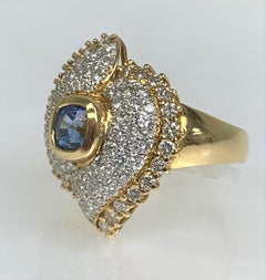 18K Yellow Gold Cushion Cut Blue Sapphire Diamond Ring