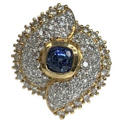 Retro 18K Yellow Gold Cushion Cut Blue Sapphire Diamond Ring