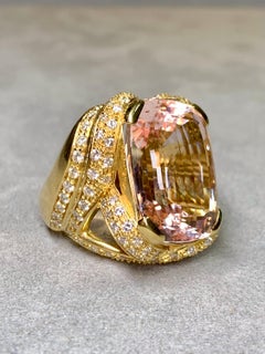 18K Yellow Gold Cushion Cut Kunzite Diamond Large Heavy Cocktail Ring 32.75ctw