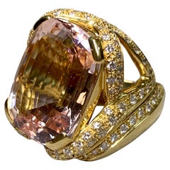 18K Yellow Gold Cushion Cut Kunzite Diamond Large Heavy Cocktail Ring 32.75ctw