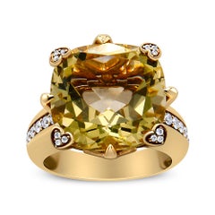 18K Yellow Gold Cushion Cut Lemon Quartz & 1/4 Ct Diamond Accented Cocktail Ring