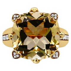 18K Yellow Gold Cushion Cut Lemon Quartz & 1/4 Ct Diamond Accented Cocktail Ring
