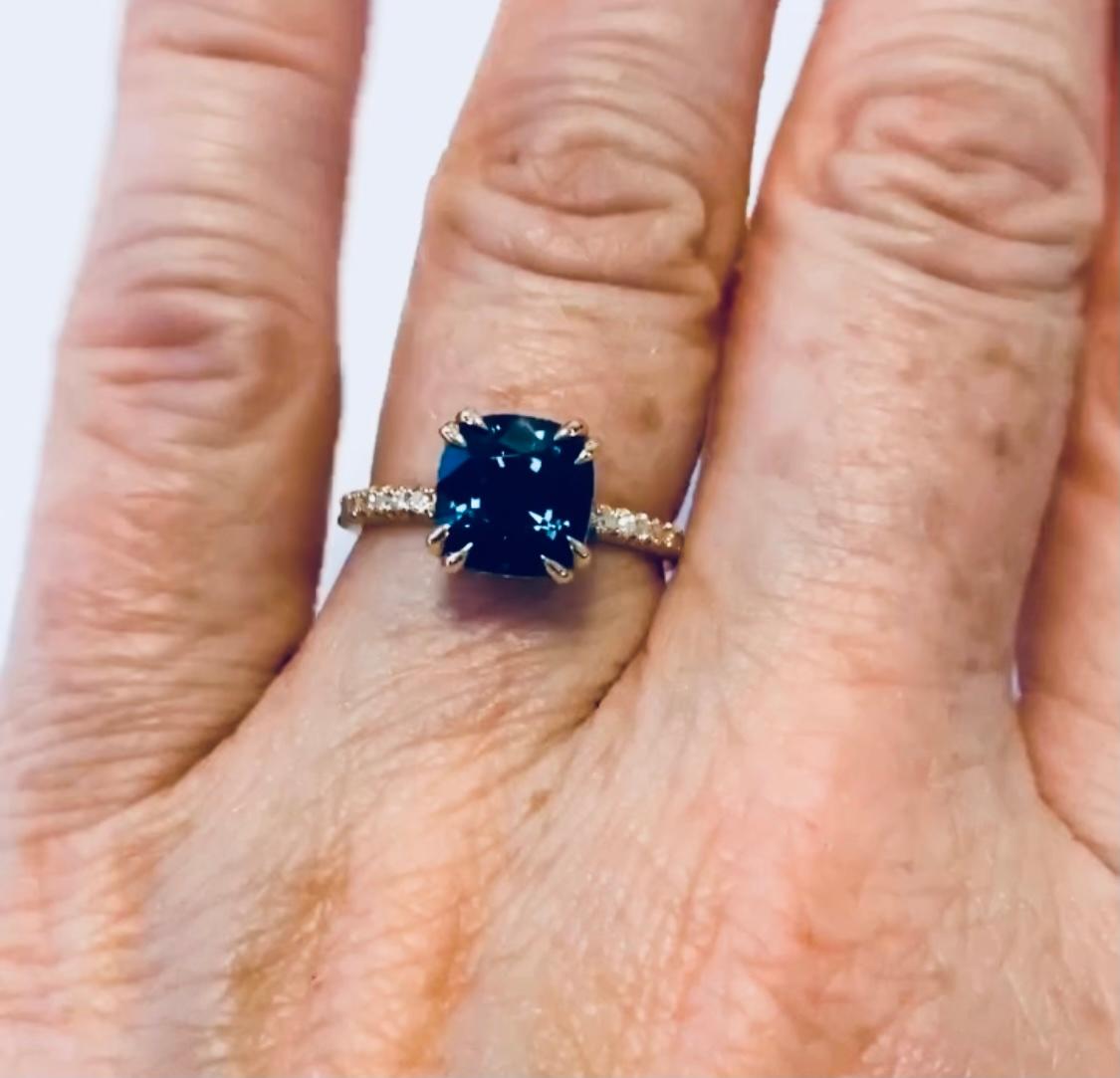 18k Yellow Gold Cushion Cut Peacock Blue Spinel Engagement Ring For Sale 6
