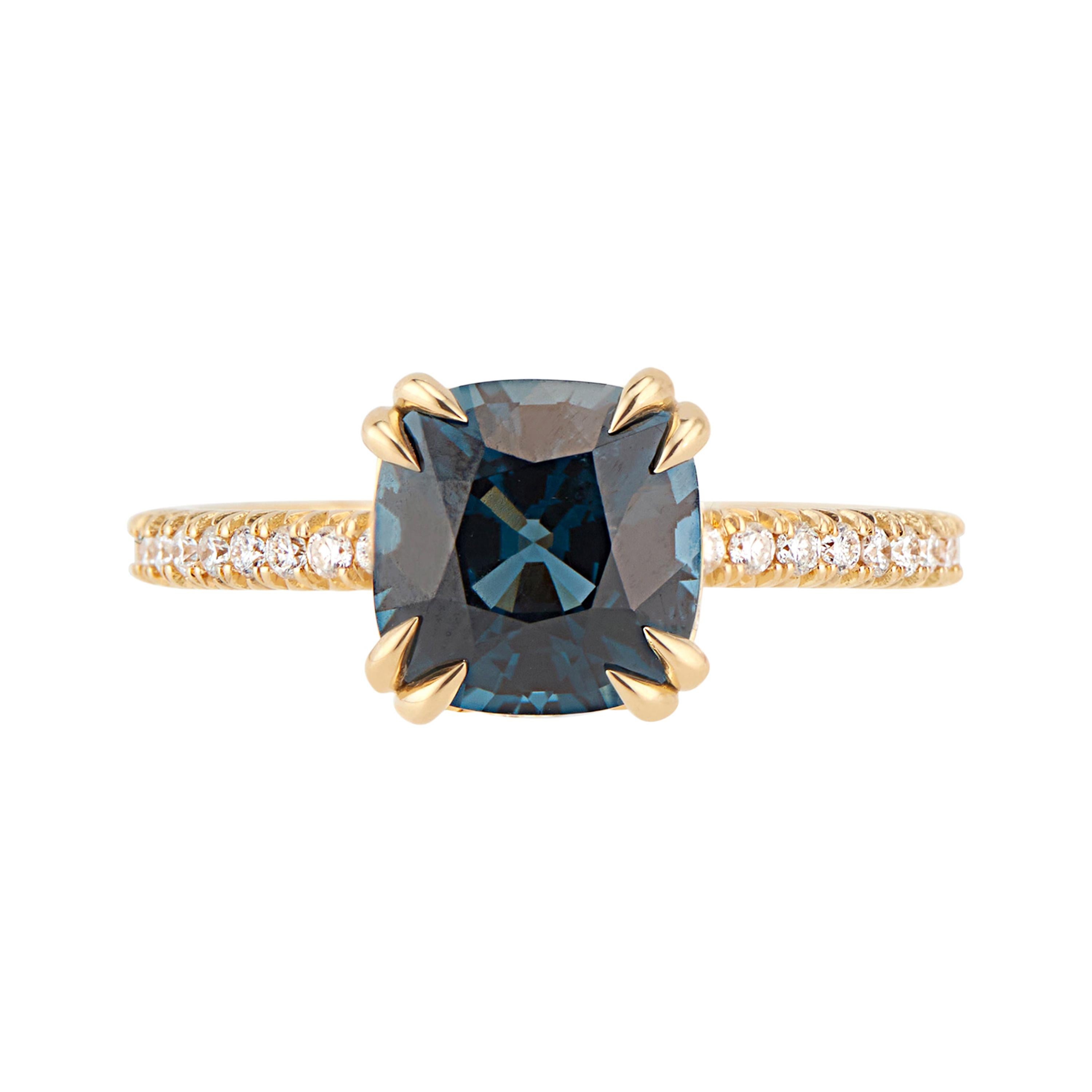18k Yellow Gold Cushion Cut Peacock Blue Spinel Engagement Ring For Sale