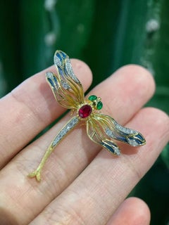 18K Yellow Gold Cushion-Cut Ruby & Diamond Dragonfly Enameled Brooch/Pendant