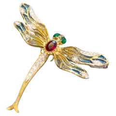 18K Yellow Gold Cushion-Cut Ruby & Diamond Dragonfly Enameled Brooch/Pendant