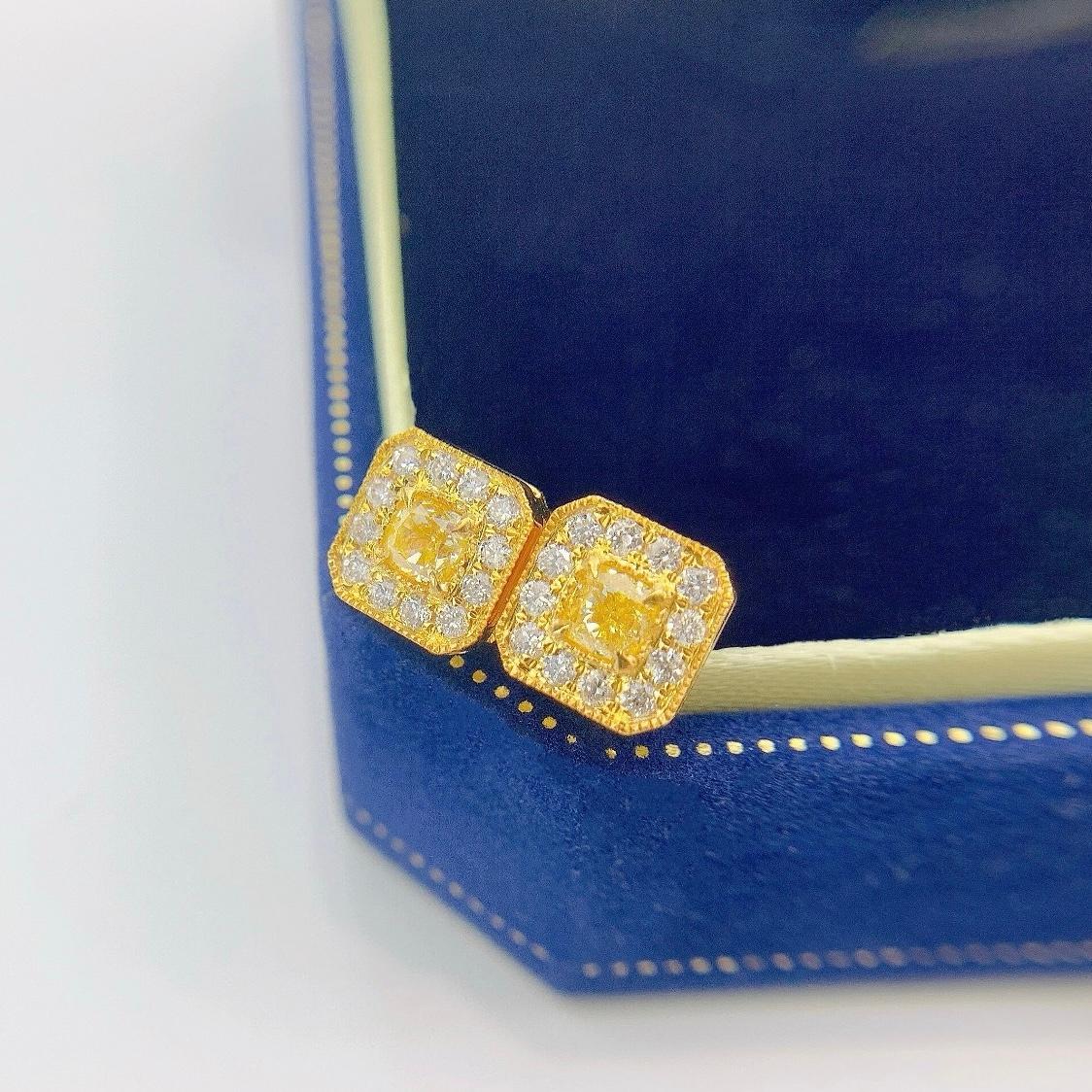 Cushion Cut 18K Yellow Gold Cushion-Cut Yellow Diamond & Diamond Stud Earrings For Sale