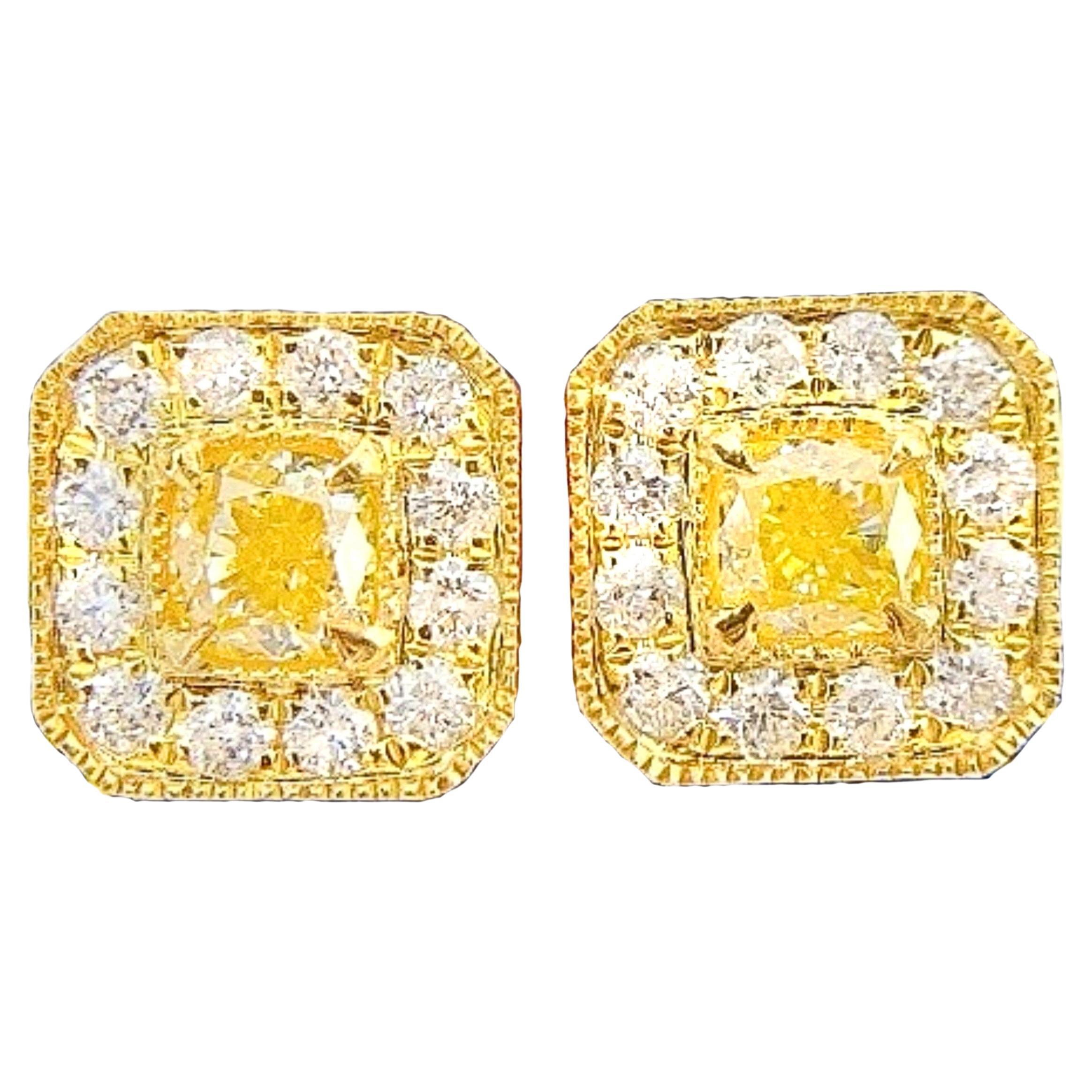 18K Yellow Gold Cushion-Cut Yellow Diamond & Diamond Stud Earrings