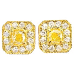 Clous d'oreilles en or jaune 18 carats avec diamants jaunes taille coussin