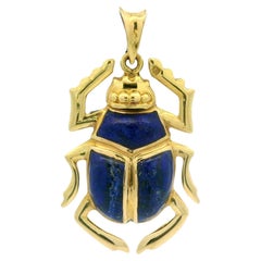 18 Karat Gelbgold Custom Cut Intarsien Set Lapis Lazuli Detailliert Skarabäus Bug Anhänger mit Schleife