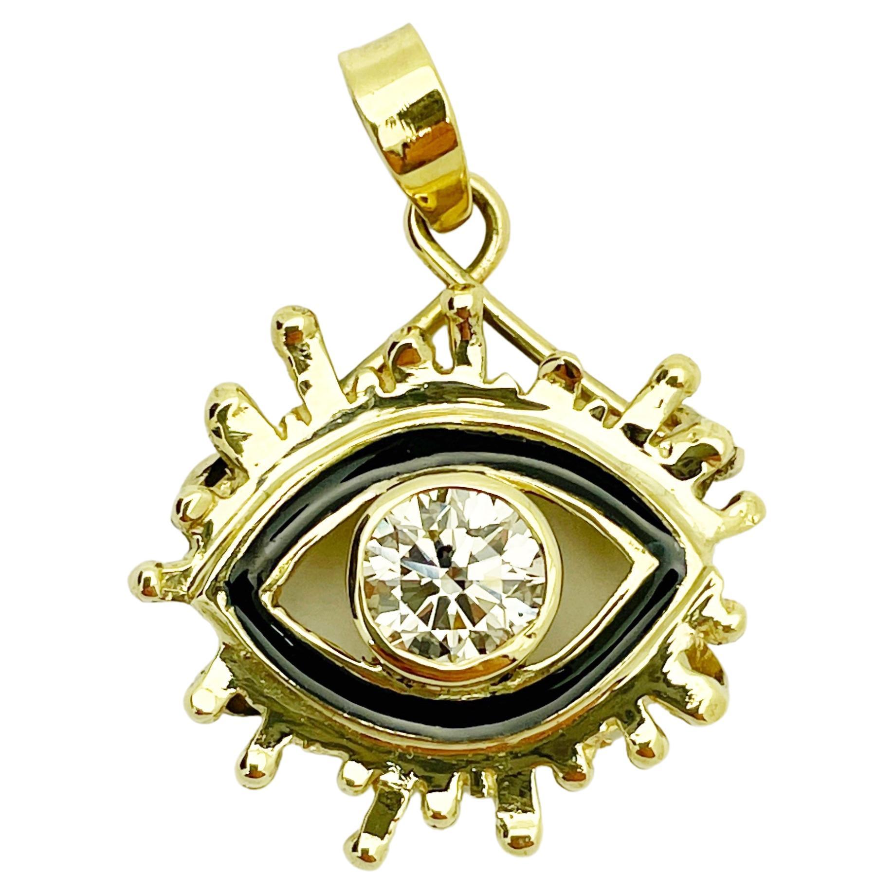 18k Yellow Gold Custom Made "Evil Eye" GIA 0.90ct Diamond and Enamel Pendant
