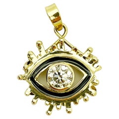 18k Yellow Gold Custom Made "Evil Eye" GIA 0.90ct Diamond and Enamel Pendant