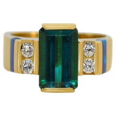 Vintage 18K Yellow Gold Custom Tourmaline, Diamond, & Opal Ring, 12gr