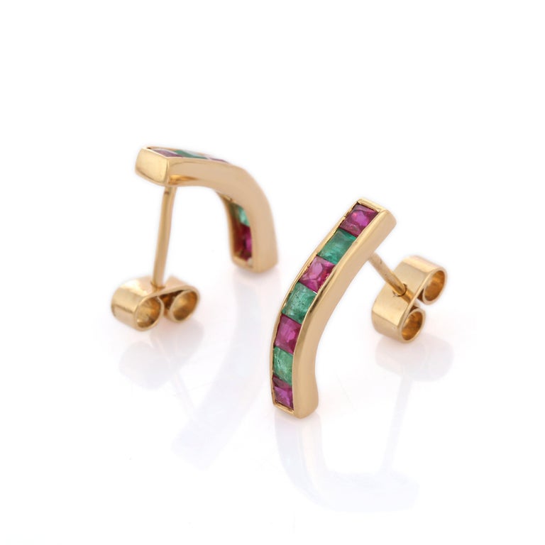 Square Cut 18K Yellow Gold Dainty Emerald Ruby Everyday Bar Stud Earrings For Sale