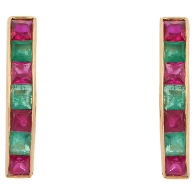 18K Yellow Gold Dainty Emerald Ruby Everyday Bar Stud Earrings For Sale