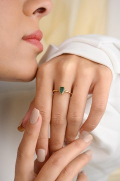 18k Yellow Gold Pear Bezel Set Emerald Solitaire Everyday Ring for Her