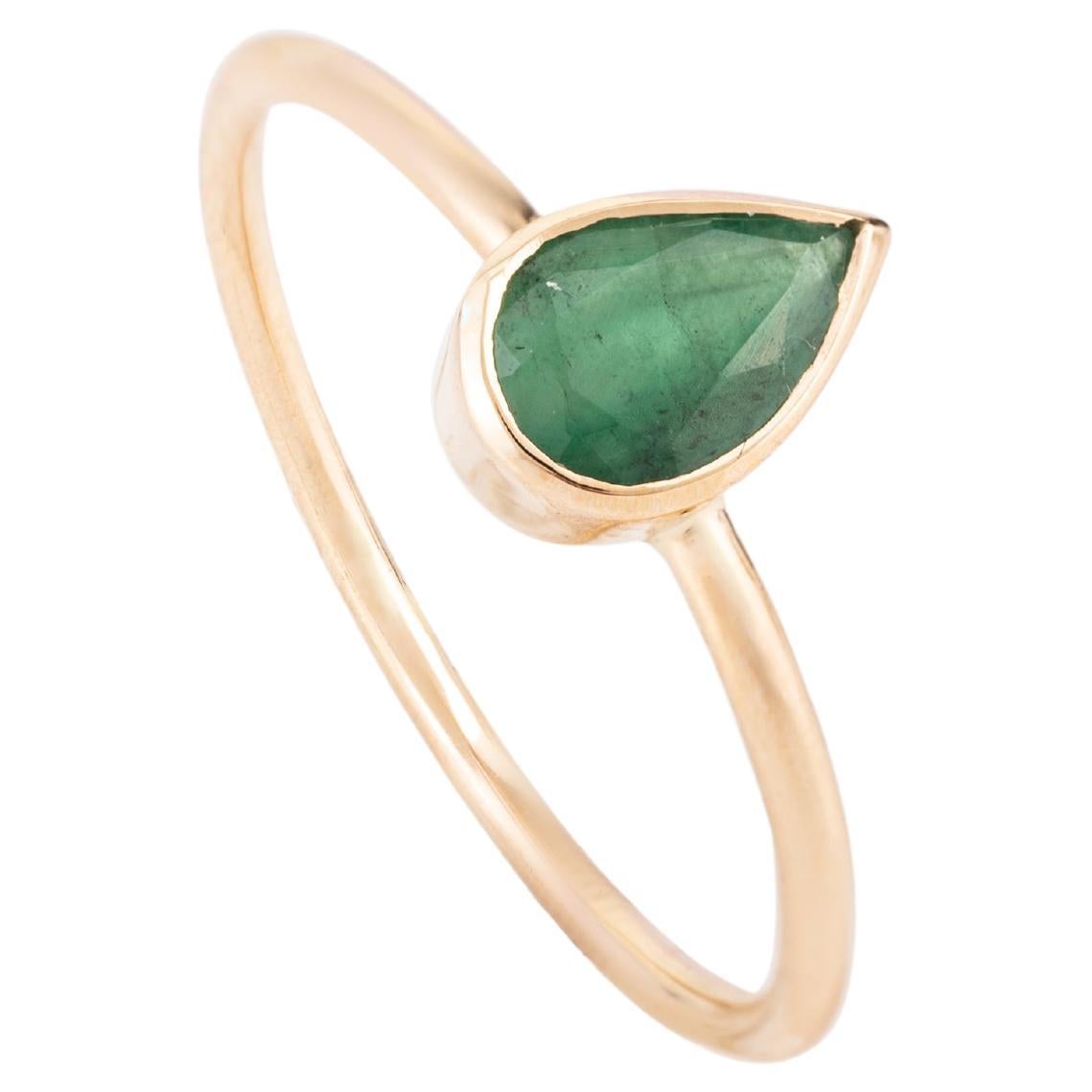 For Sale:  18k Yellow Gold Pear Bezel Set Emerald Solitaire Everyday Ring for Her