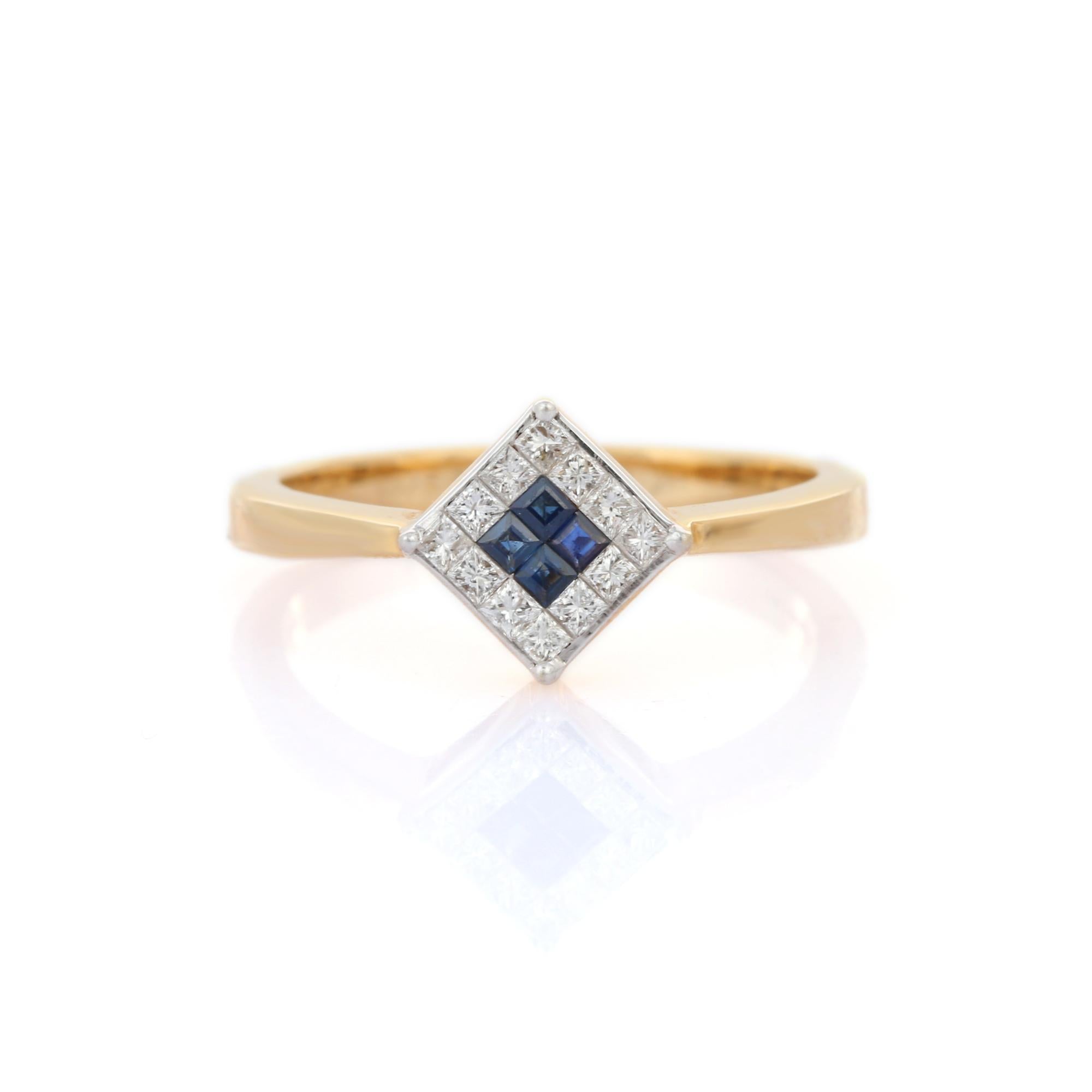 For Sale:  Natural Blue Sapphire Diamond Dainty Square Ring Set in 18k Solid Yellow Gold 2