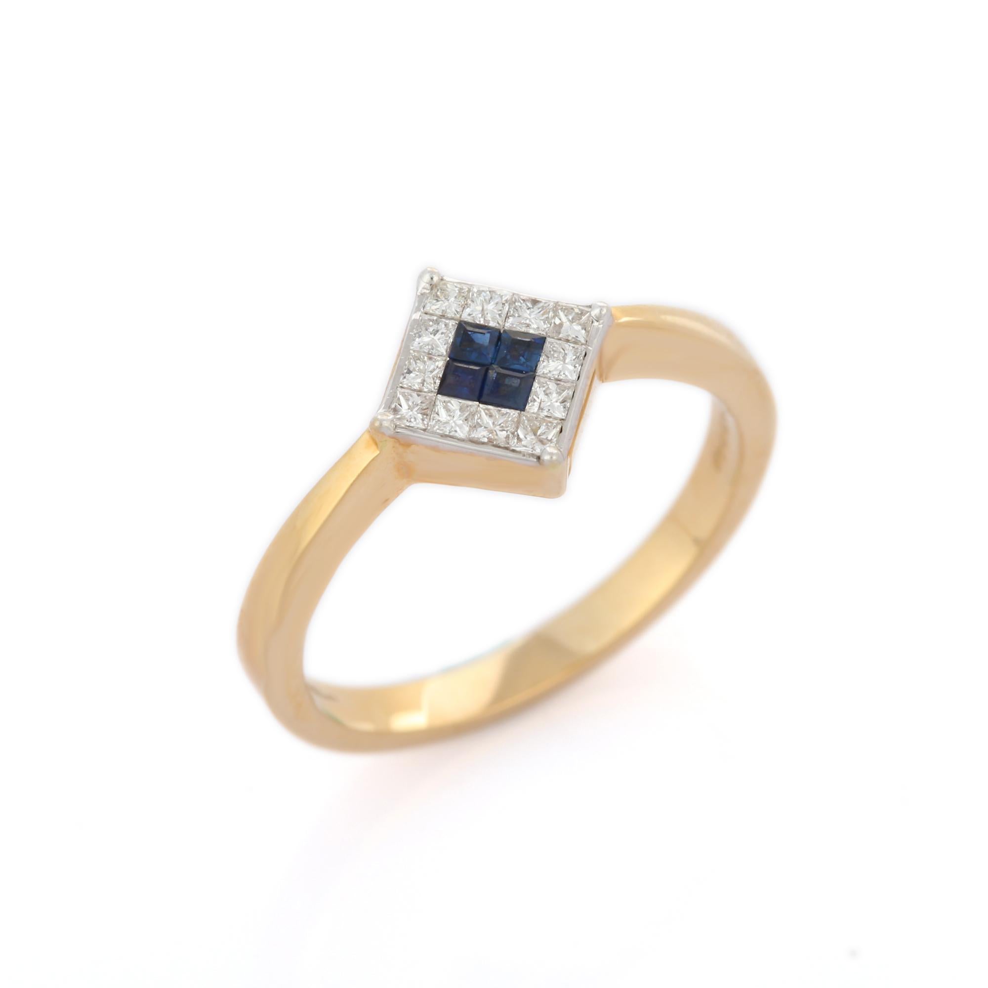 For Sale:  Natural Blue Sapphire Diamond Dainty Square Ring Set in 18k Solid Yellow Gold 5