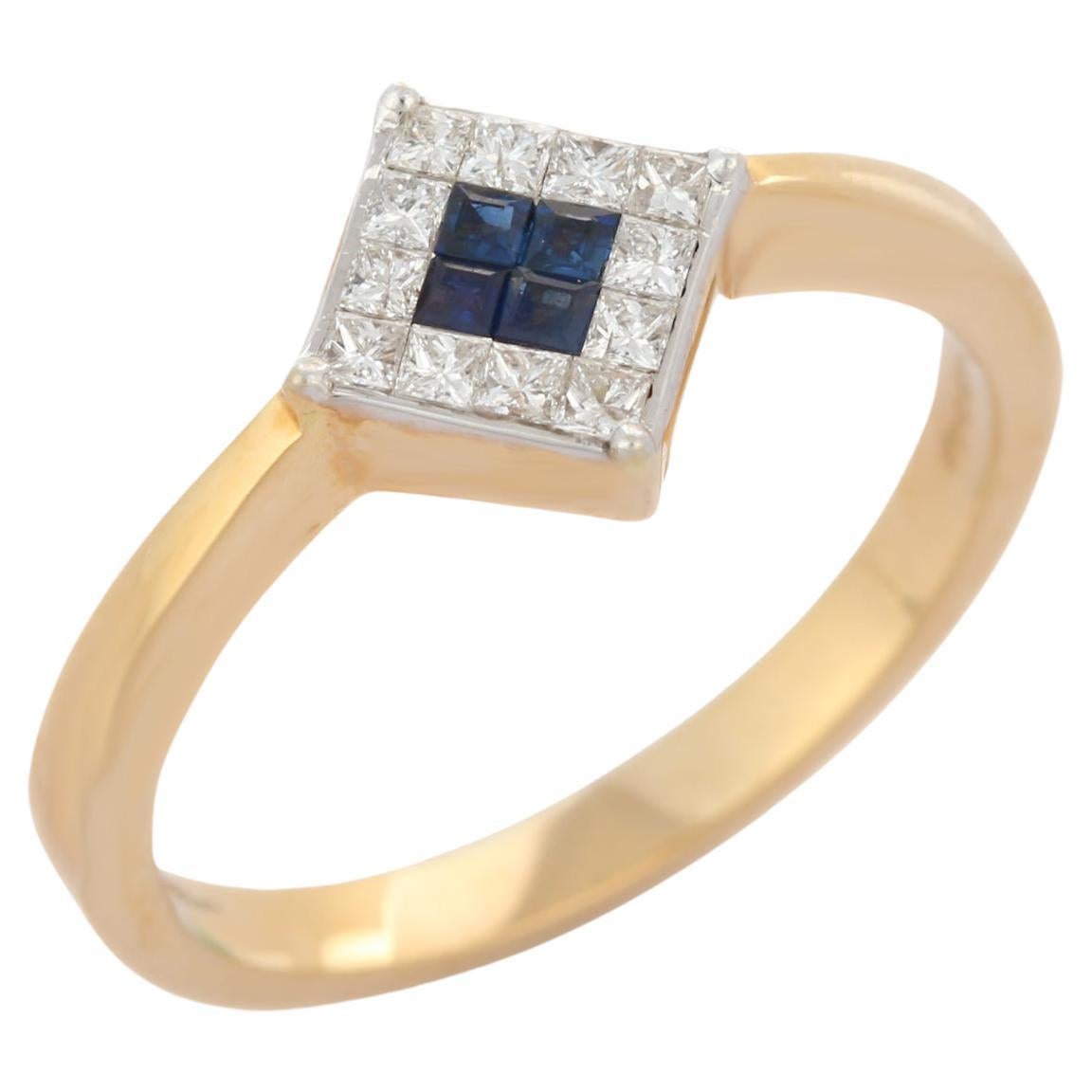 For Sale:  Natural Blue Sapphire Diamond Dainty Square Ring Set in 18k Solid Yellow Gold